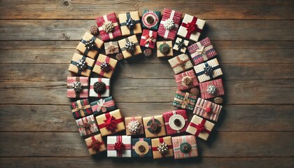 Wreath made of small presents on a wooden background