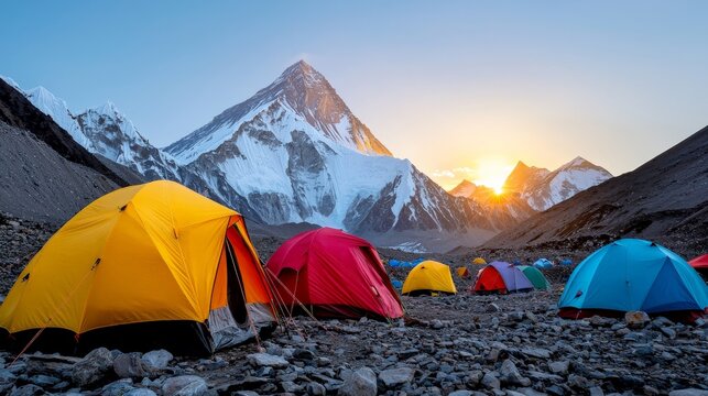 A view of Mount Everest from Base Camp, with colorful tents set up on the rocky terrain, as the massive, snow-covered peak looms in the background under bright sunlight