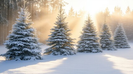 Fototapeta premium A row of snowy Christmas trees standing in a winter wonderland forest, with morning sunlight streaming through the branches.