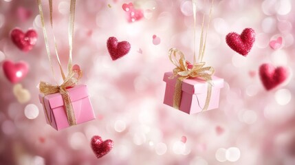 Fototapeta premium A pink background is adorned with golden hearts as two red gift boxes float.