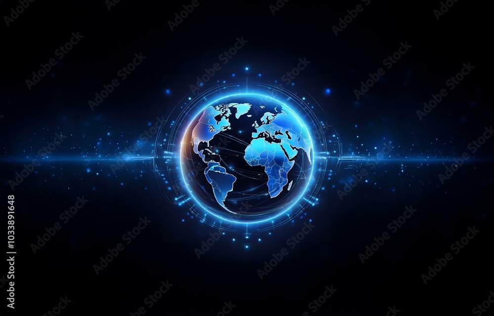 Poster a glowing blue globe with a digital network of lines and dots on a dark background.
