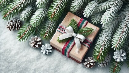 Christmas gift wrapped in natural brown paper with pinecones and fir branches