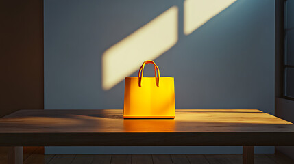 A single yellow shopping bag stands centered on a simple wooden table, against a plain white backdrop, brightly illuminated by studio lights, creating a vibrant and clean composition