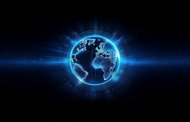 Obraz premium A glowing blue digital earth with outlined continents in a dark background.