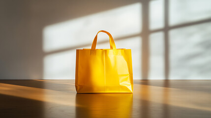A single yellow shopping bag stands centered on a simple wooden table, against a plain white backdrop, brightly illuminated by studio lights, creating a vibrant and clean composition