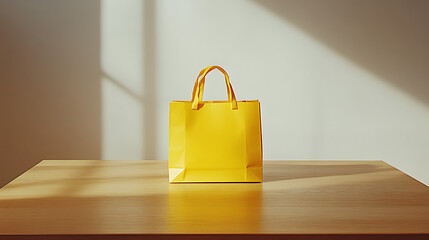 A single yellow shopping bag stands centered on a simple wooden table, against a plain white backdrop, brightly illuminated by studio lights, creating a vibrant and clean composition