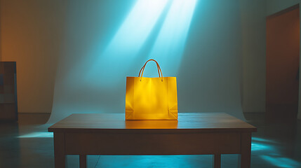 A single yellow shopping bag stands centered on a simple wooden table, against a plain white backdrop, brightly illuminated by studio lights, creating a vibrant and clean composition