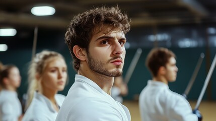 Young fencer in training at a sports facility during a practice session under bright indoor lights