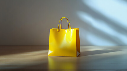 A single yellow shopping bag stands centered on a simple wooden table, against a plain white backdrop, brightly illuminated by studio lights, creating a vibrant and clean composition