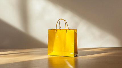 A single yellow shopping bag stands centered on a simple wooden table, against a plain white backdrop, brightly illuminated by studio lights, creating a vibrant and clean composition