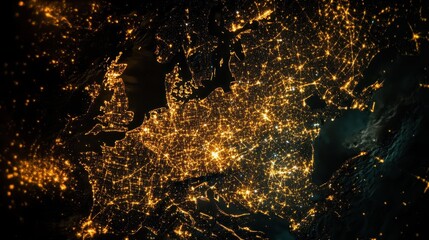 Naklejka premium Satellite view of Europe's city lights at night