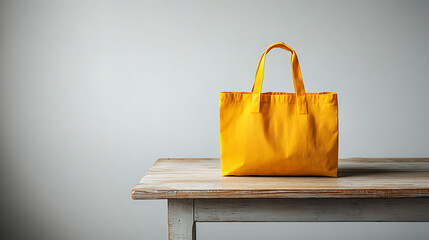A single yellow shopping bag stands centered on a simple wooden table, against a plain white backdrop, brightly illuminated by studio lights, creating a vibrant and clean composition