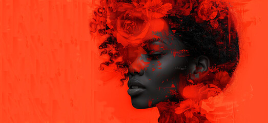 Abstract Portrait of Woman with Red Floral Elements