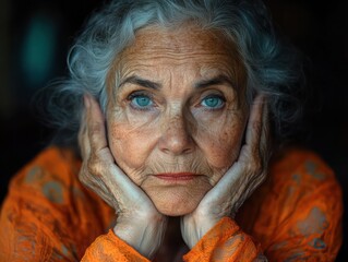 A woman with blue eyes and grey hair is looking down at her hands