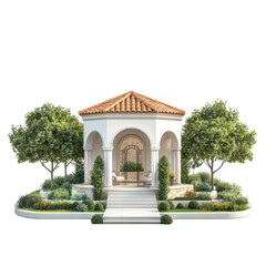 Obraz premium Elegant luxury garden pavilion inspired by Mediterranean villa architecture, perfect for serene outdoor living.