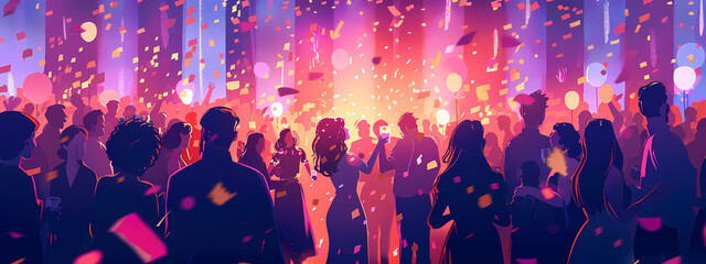 A vibrant party scene with silhouettes of diverse guests celebrating amidst colorful confetti and bright lights, creating a festive atmosphere.