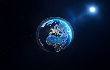 Obraz premium A blue globe with a detailed map of the Earth and a bright light source off to the side.