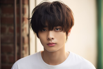 A striking portrait of a handsome Korean man with soft, tousled fringes, wearing a high-fashion coat.fringes sweeping across his forehead, glowing skin, and soft brown eyes.