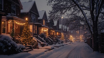 A snow-covered street lined with houses, each with its own decorated Christmas tree glowing warmly in the front windows.