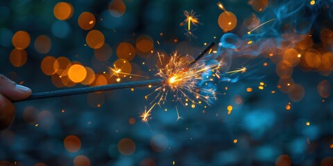 A close-up shot of a lit sparkler creating a dazzling display of sparks and bokeh lights against a dark blurred background during a night celebration