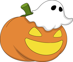 Smiling Halloween Pumpkin with Cute Ghost, Fun and Whimsical Design for Seasonal Decor