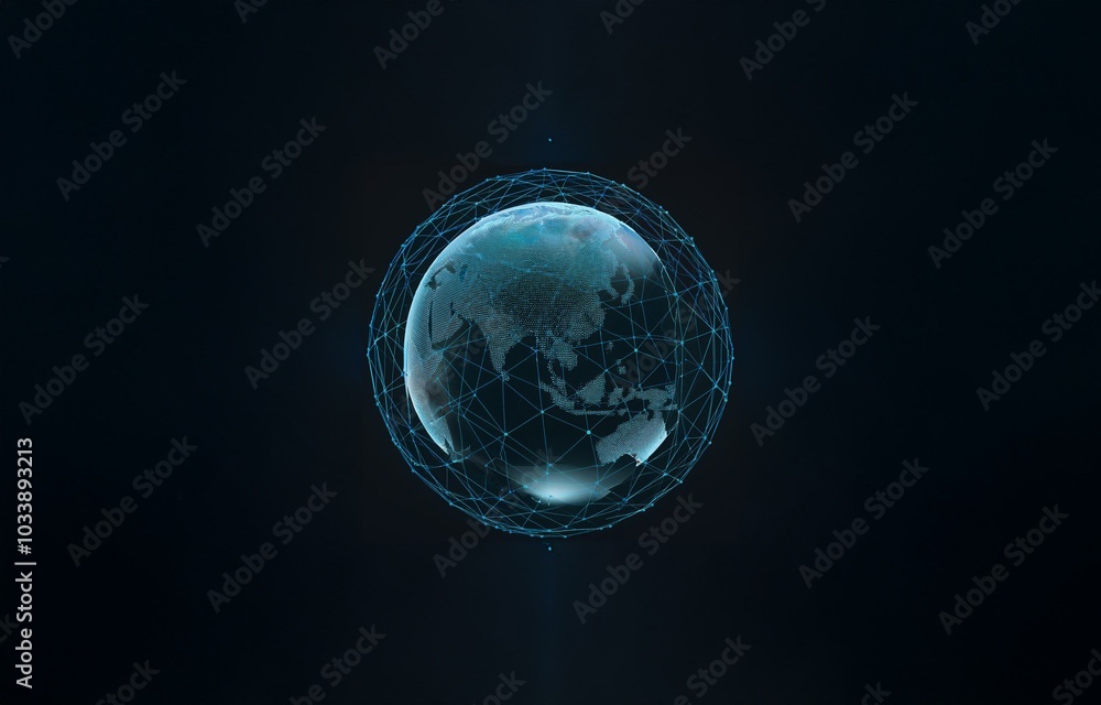 Poster a glowing blue globe surrounded by a connected network of lines and dots against a dark background.