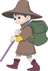 Adventurous Young Boy Traveler with Backpack and Walking Stick in Cartoon Style Illustration