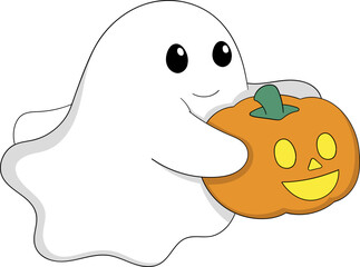 Flying Ghost Carrying a Halloween Pumpkin in Cute Cartoon Style Illustration