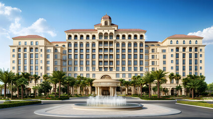 Naklejka premium A grand, tan-colored hotel with a fountain in front, surrounded by palm trees.