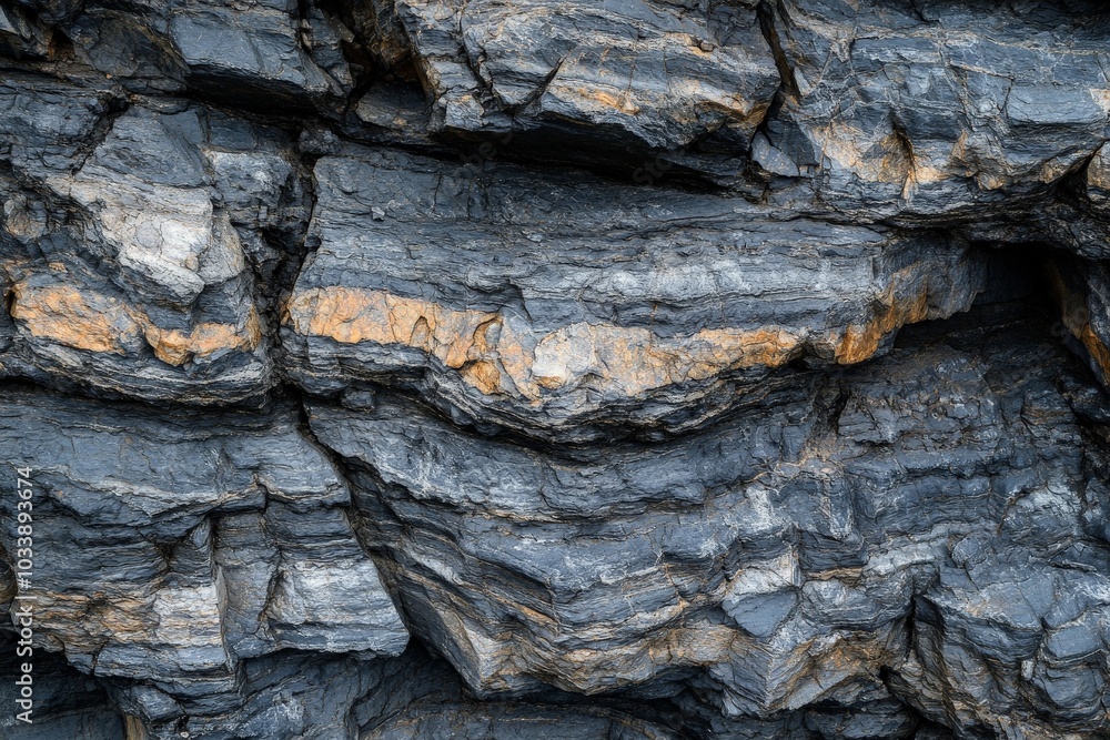 Poster image of dark, layered rock formations with striking orange seams that highlight the fascinating his