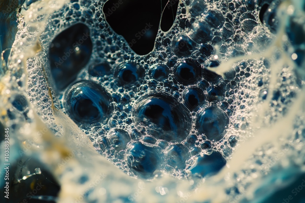 Poster Blue and white bubbles create captivating abstract motion, representing fluidity and flow, while generating a sense of intrigue and aesthetic delight.