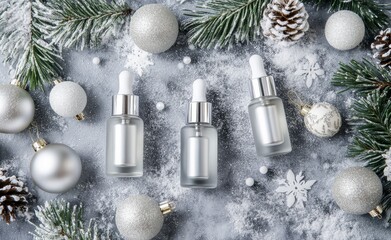 Displaying skincare products and festive decorations captures the spirit of the winter holidays