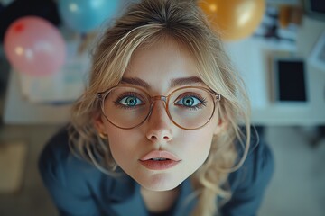 Laughing young woman with colorful party balloons at work celebrating a success in business or a birthday