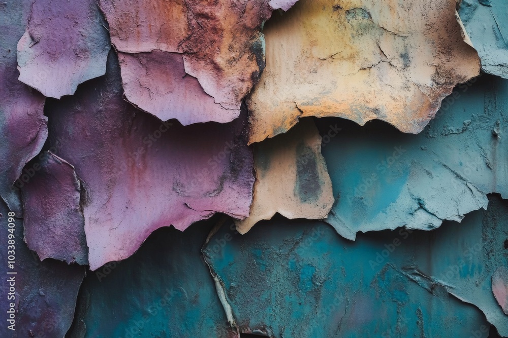 Poster A detailed view of peeling layers of paint in various shades of blue and purple, creating a dynamic visual texture resembling abstract art with depth and interest.