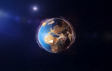 Obraz premium A glowing, network-wrapped Earth floats in space against a starry backdrop.