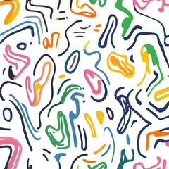 Playful Colorful Line Doodle Seamless Pattern on White Background for Minimalist Designs