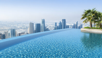 Obraz premium Infinity pool with panoramic city skyline view and palm tree in the foreground.