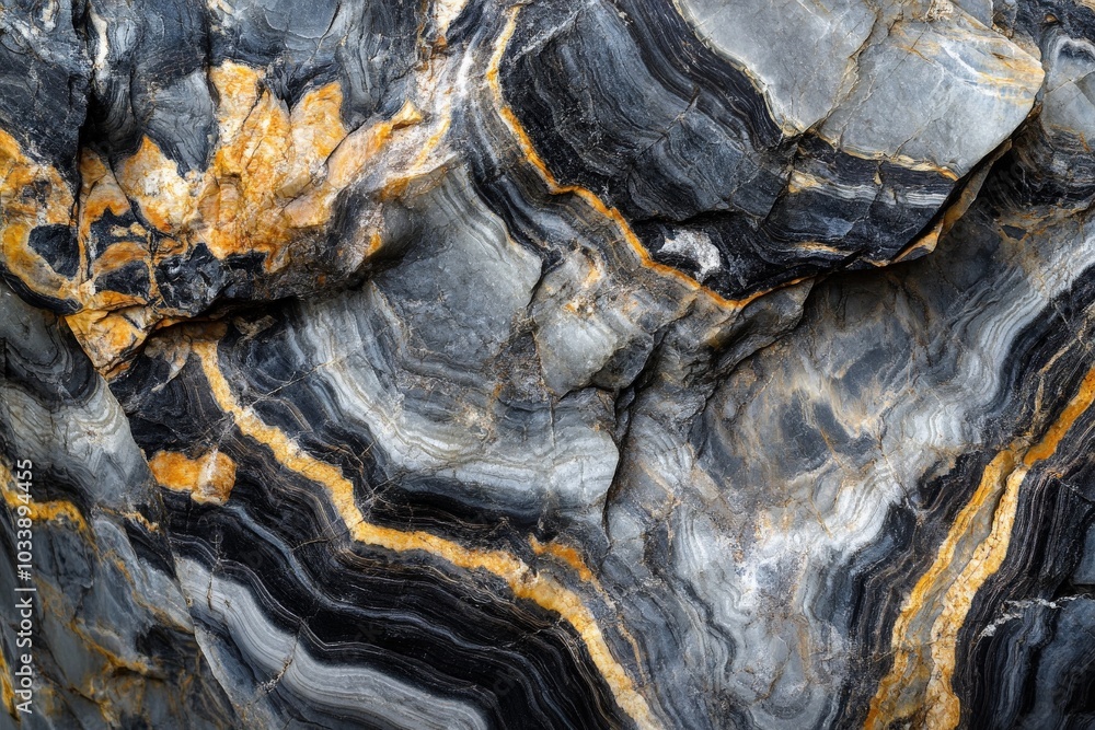 Poster this image reveals intricate, wavy patterns on natural stone with bold black and subtle orange layer