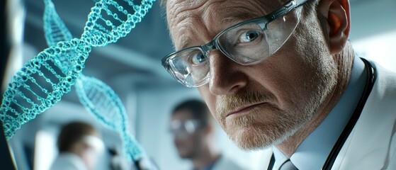 Exploring the frontiers of genetic research an experienced scientist's journey in a futuristic laboratory environment