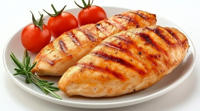 Dos pechugas de pollo a la parrilla acompa&ntilde;adas de tomates cherry frescos y decoradas con romero.
