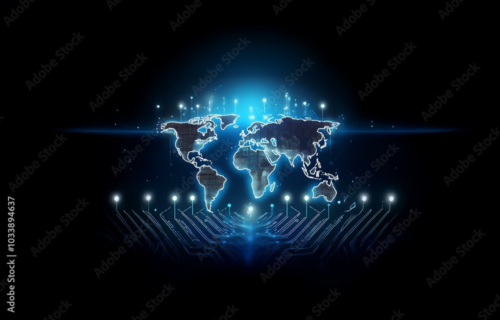 Poster a glowing world map is depicted on a dark background with blue circuits emanating from the bottom of