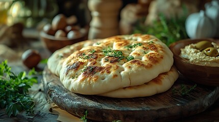 A close-up of freshly baked pita bread, puffed up with a golden, soft texture, resting on a rustic wooden table, surrounded by vibrant Middle Eastern ingredients like hummus, olives, and herbs.