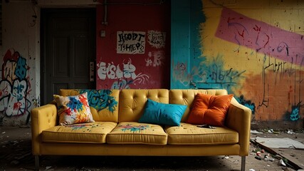 Ripped Sofa in Vibrant Graffiti Alley