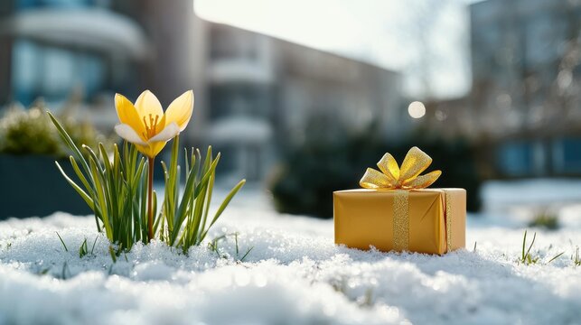 Una flor amarilla junto a una caja de regalo dorada en la nieve, con edificios borrosos de fondo.
