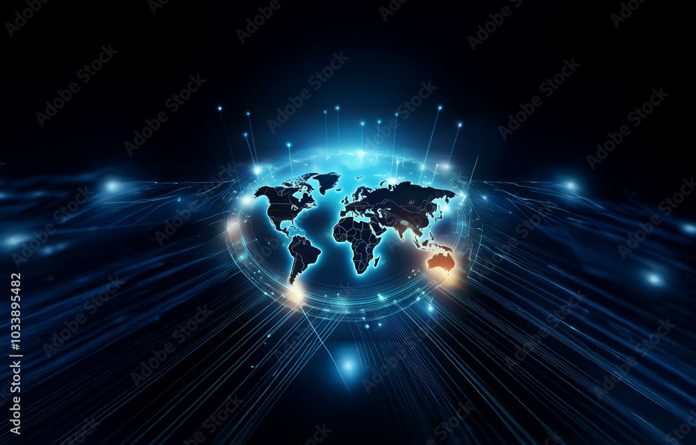 Poster a world map surrounded by a glowing blue circular pattern set against a dark background of blue line