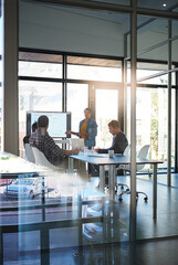 Woman, presentation and charts on screen, boardroom and group with feedback for b2b sales. Business...
