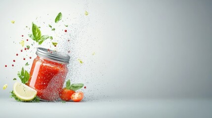 Un frasco de salsa de tomate rodeado de hierbas, lima, especias y tomates, con elementos dispersándose creativamente en el aire. 