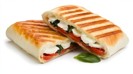 Un panini relleno de mozzarella derretida, rodajas de tomate y hojas frescas de albahaca, a la parrilla y servido sobre un fondo blanco.
