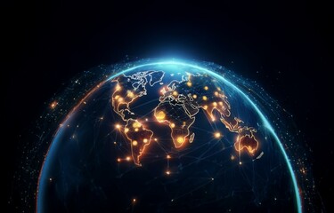 A digital representation of the earth with glowing lines and dots connecting continents.