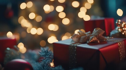 a charming scene with beautifully wrapped christmas gift boxes adorned with bokeh lights, creating a magical and festive holiday atmosphere, perfect for the season